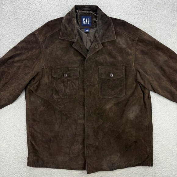 Vintage GAP Jacket Mens Large Brown Suede Leather Shacket Button Up Coat 90s Y2K - Picture 2 of 11